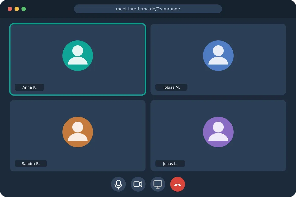 Jitsi-Meet-Videokonferenz mit vier Teilnehmern im Browser